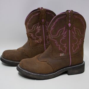 Justin Gypsy L9903 8” Brown Purple Leather Embroidered Western Boots Women's 8B